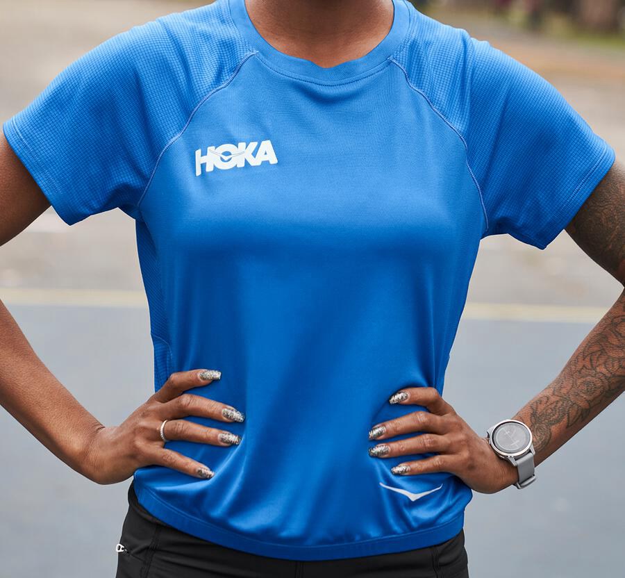 Hoka One One Womens Tops - Performance Utility SS - Blue - JCVH10489